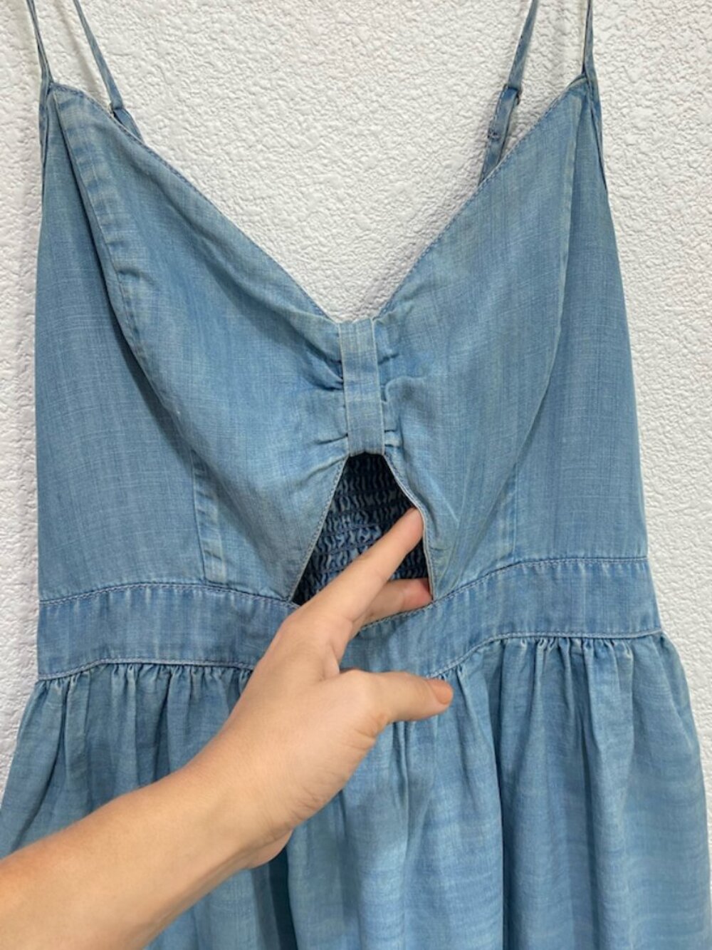 Hollister Embroidered Mini Dress Cut Out Smocked Chambray Blue Medium - Picture 3 of 10